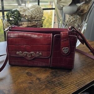 Brighton Vintage Red Croc Embossed Leather Crossbody Purse Organizer Bag Silver